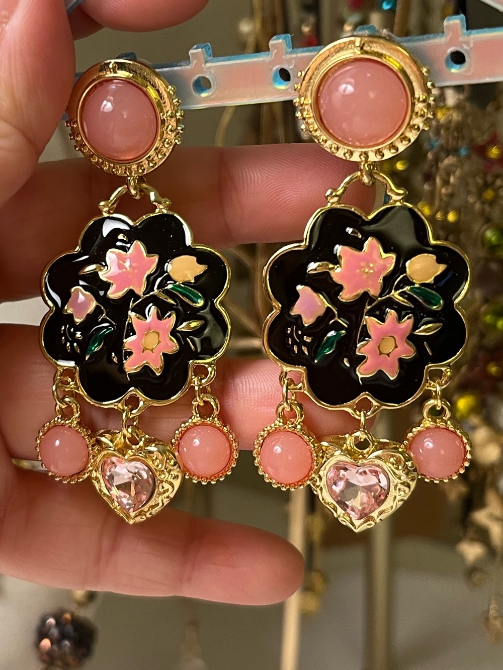 Enamel Floral Gold Tone Drop Earrings